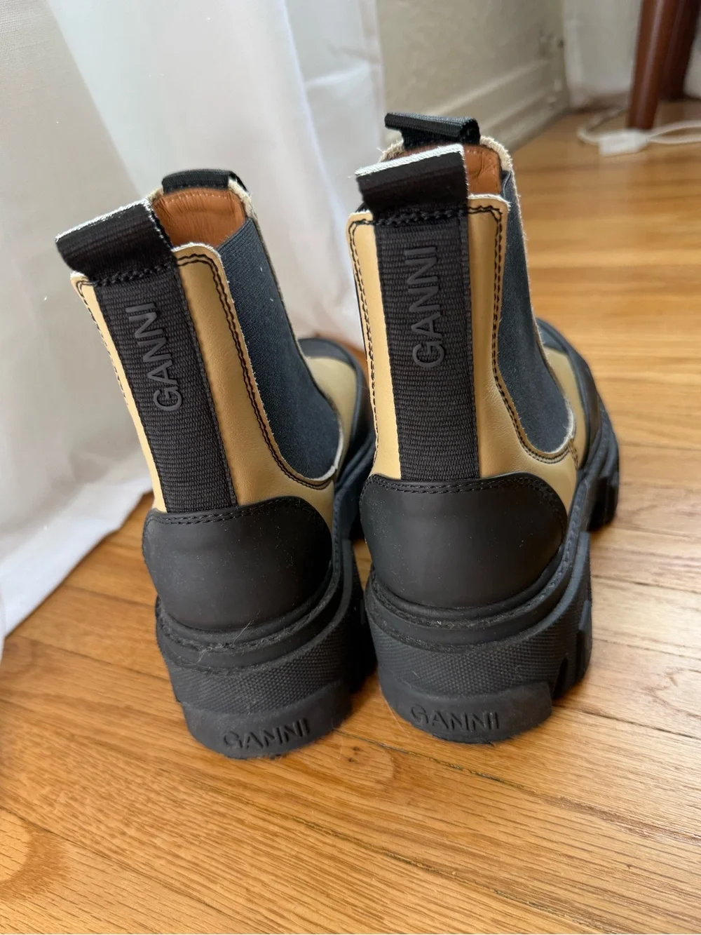 Ganni Beige Leather Chelsea Boot with Black Accents